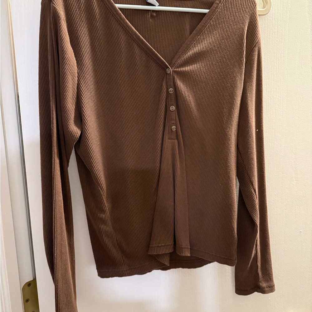 Old Navy Brown Button Down V-Neck Top